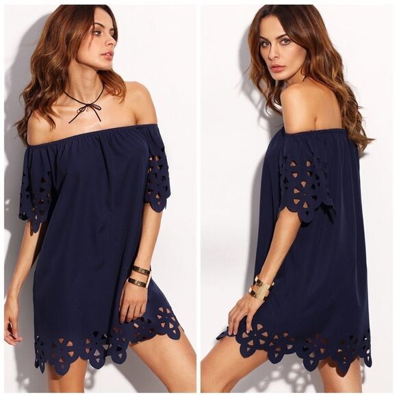 ✨Navy Off The Shoulder Hollow Shift Dress✨ - Picture 2 of 4